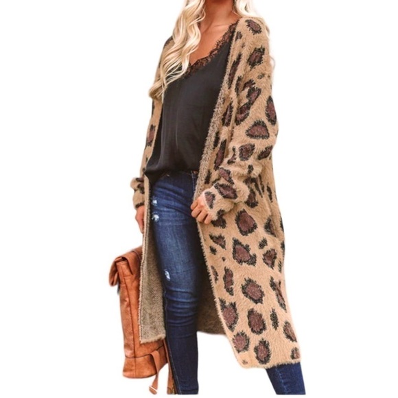 SHE+SKY, WOMENS, LONG, COZY CARDIGAN SWEATER IN BROWN LEOPARD PRINT. OS - Picture 1 of 11